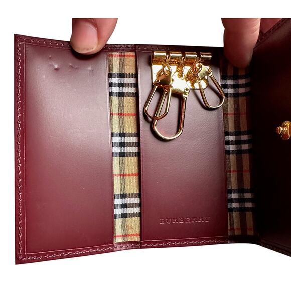 Burberry Burgundy Leather Key  Holder with Nova Check Accents - Picture 4 of 13